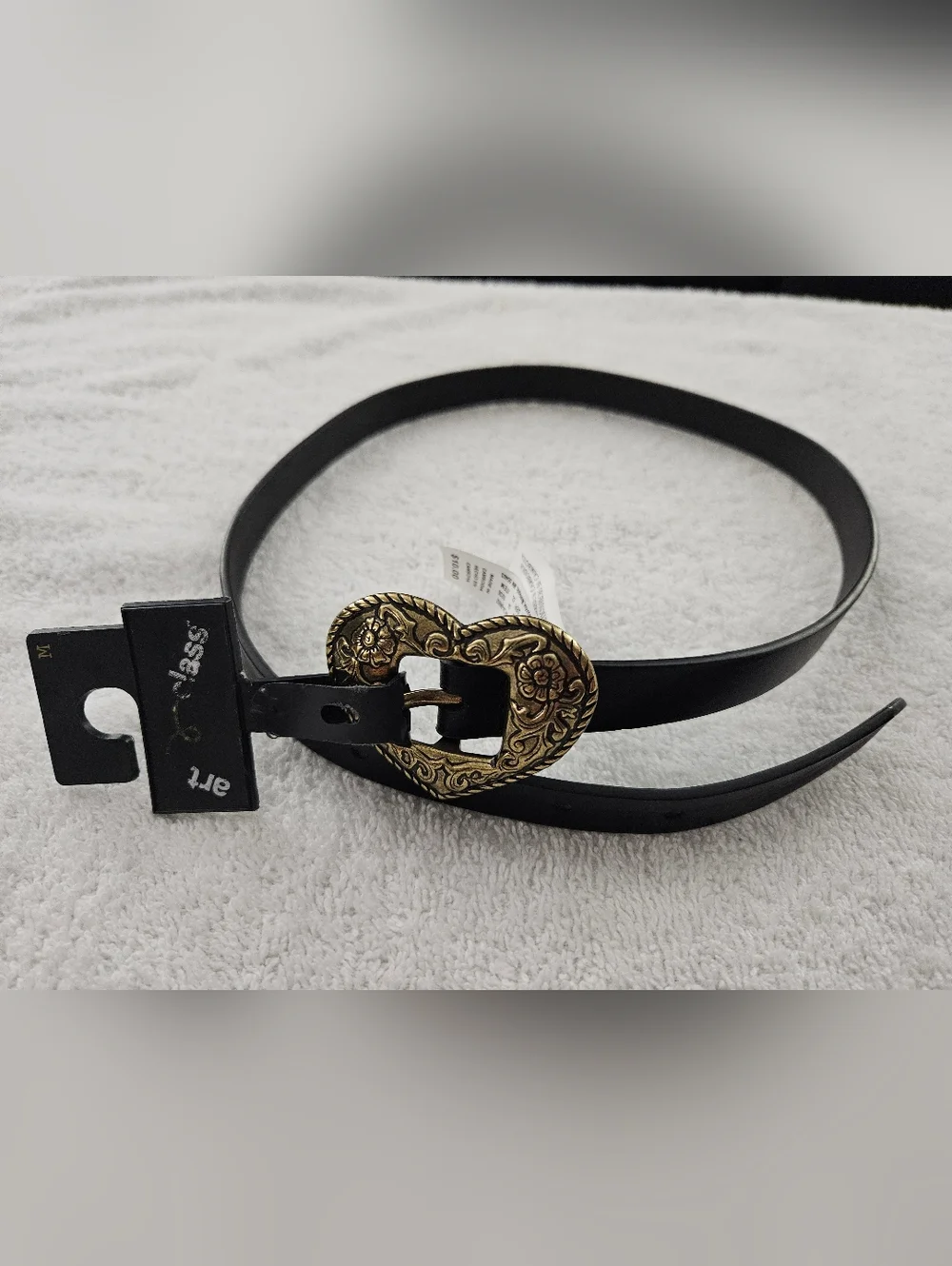 Art Class Girls Western Heart Buckle Belt Black Gold Etched Floral Vintage Style